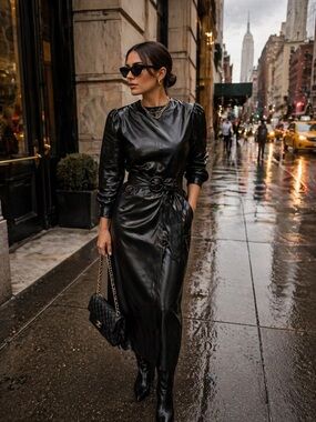 Zara Black Faux Leather Midi Dress NYC Chic Belted Long Sleeve Dress Blogger Fav